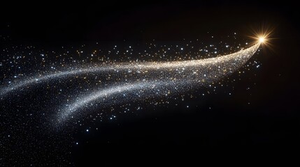 Obraz premium A long, curved trail of glowing golden particles against a black background with a bright star at the end