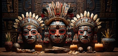 Obraz premium Complex Aztec ritual masks with Mesoamerican glyphs, set on a customary backdrop adorned with altarpieces