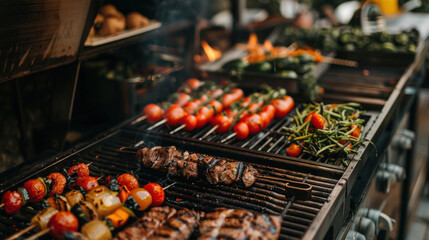 Grilled vegetables and meats on a barbecue grill, capturing the essence of outdoor cooking and summer meals
