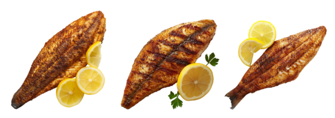 Grilled fish fillets with lemon slices on transparent background, perfect for summer barbecue recipes or healthy diet concepts