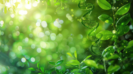 Green background with plants and DNA strands, showcasing the integration of biochemistry and natural biology