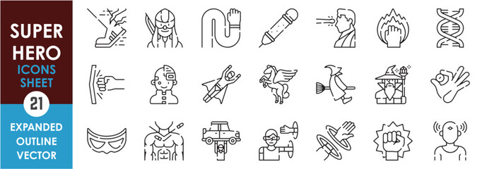 A set of line icons related to Super Hero. Fiction, magic, hero, savior, strong, honest, portal, movie, fly, unreal, and so on. Vector outline icons set. © Parbat