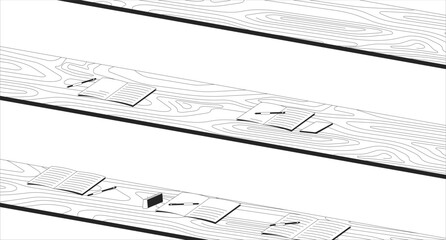 Lecture hall empty black and white line illustration. University auditorium 2D interior monochrome background. Seminar notebooks tables row schoolroom. College classroom outline vector image