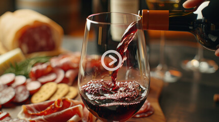 Fototapeta premium Glass of red wine being poured into a wine glass, with a charcuterie board in the background, highlighting culinary indulgence