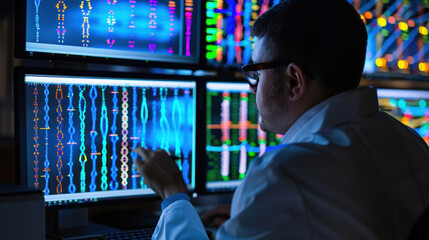 Geneticist analyzing DNA sequences on a computer, representing advanced biology and science