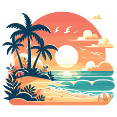 Vibrant beach illustration with palm trees, colorful sunset horizon, perfect for summer vibes