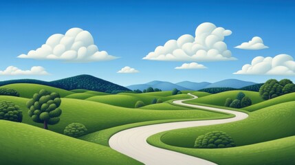 A painting of a winding road in the middle of green hills, AI