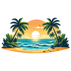 Tropical beach sunset illustration, vibrant colors, perfect for travel ads and summer themes