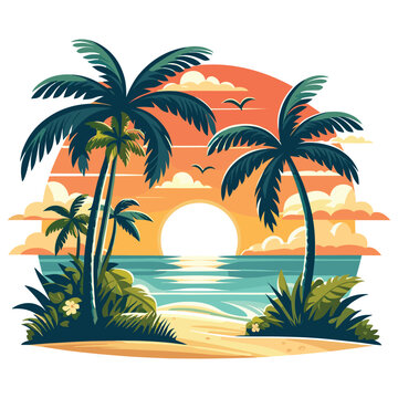 Tropical sunset illustration with palm trees in orange and green, ideal for vacation themes