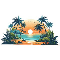 Obraz premium Tropical sunset landscape illustration in vibrant colors, perfect for summer travel posters