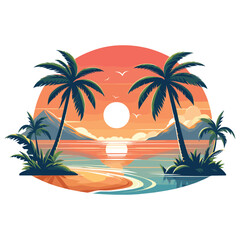 Tropical sunset illustration with palm trees, vibrant colors on white background, travel poster