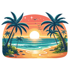 Vibrant tropical beach illustration at sunset, colorful sunset poster or summer travel banner