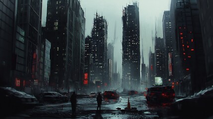 Obraz premium Cityscape of Tall Dark Buildings in the Rain