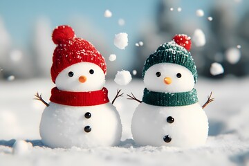 Obraz premium Two cheerful snowmen are playing in the fresh snow, throwing snowballs at each other. They are dressed in colorful hats and scarves, adding a festive touch to the winter scene.