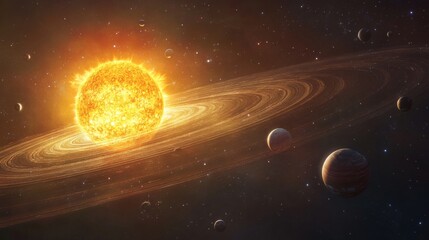 Artistic representation of the solar system with vivid colors and precise details. Planets orbiting the bright Sun with glowing trails on a dark background.