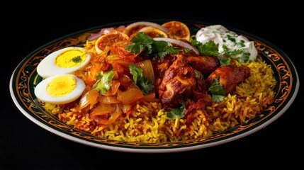 Fototapeta premium Biryani served on a plate with boiled eggs and vegetables. Arab food 