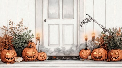 Obraz premium A Halloween-themed front porch with flickering candles in hollowed-out pumpkins, eerie fog rolling in, and a skeleton hand reaching from the ground