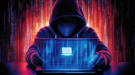 Hacker is sitting in front of a laptop with a hood over his head