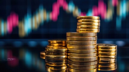 A stack of gold coins on a table with a graph in the background