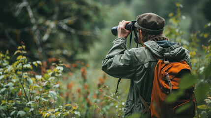 Fototapeta premium Field biologist observing wildlife with binoculars, capturing the essence of nature and science