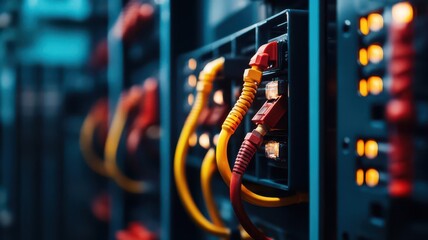 Close-up of network cables connected to a server in a data center, showcasing the intricate connections and technology infrastructure.