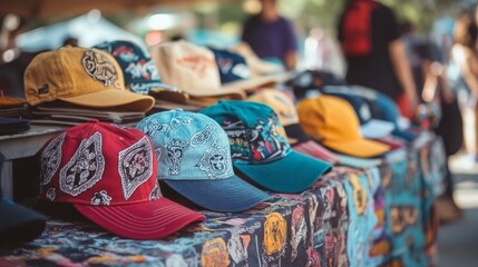 Various stylish hats arranged on a table at an outdoor market, attracting visitors with vibrant patterns and colors.