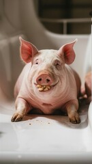 Adorable pink pig standing outdoors, farm animal close-up, cute domestic livestock on green grass background