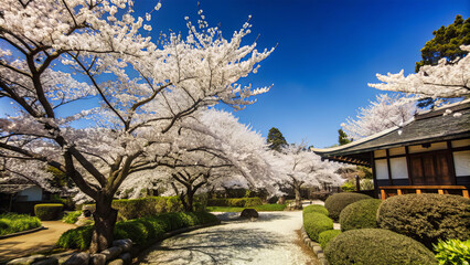 Fototapeta premium Blooming cherry trees create a picturesque landscape in a peaceful Japanese garden, inviting visitors to enjoy the beauty of spring