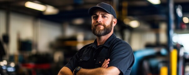 Confident mechanic standing with crossed arms in a workshop, wearing cap and uniform, with tools and equipment in the background.