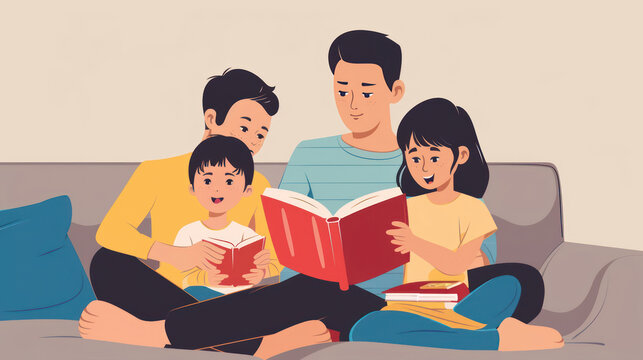 Family reading books together on the couch, illustrating a cozy and educational bonding time - Powered by Adobe