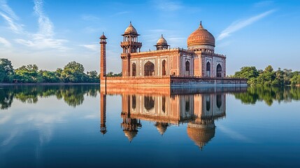 Obraz premium A serene view of the Taj-ul-Masajid in Bhopal, India, with its stunning architecture reflected in a calm lake. Copy space available
