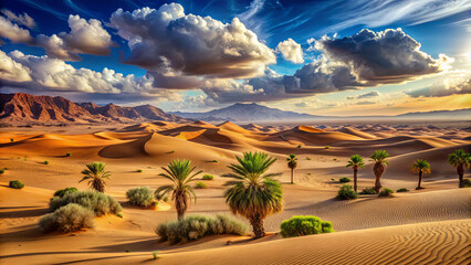 Golden sand dunes stretch across the horizon, interspersed with lush palm trees, as colorful clouds fill the evening sky
