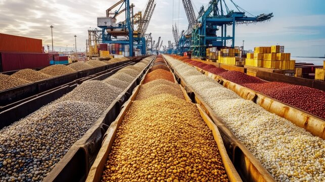 A train is carrying a variety of different colored grains