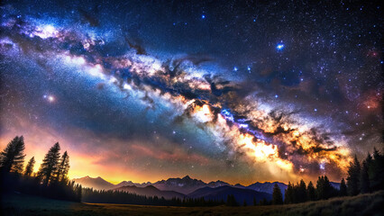 Obraz premium A vibrant Milky Way stretches across the night sky, illuminating the mountains and trees below with a dazzling cosmic display