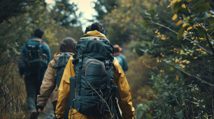 Naklejka premium Group of friends exploring a forest trail with backpacks, capturing the spirit of exploration and outdoor activities