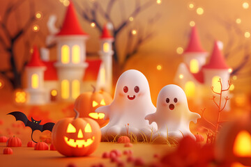 3d cartoon halloween background with spooky pumpkins, cute ghost, bat and castle. Happy Halloween