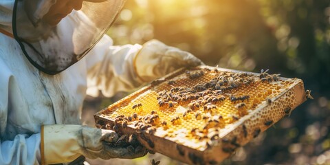 The apiarist carefully holds a honeycomb in a rural apiary, surrounded by nature and bees.