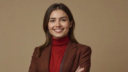 Fototapeta premium Studio portrait of smiling young businesswoman in suit, confidently posing and looking at camera, beige background