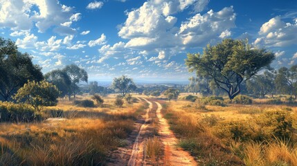 Fototapeta premium Scenic dirt path through a golden grass field under a blue sky with scattered clouds