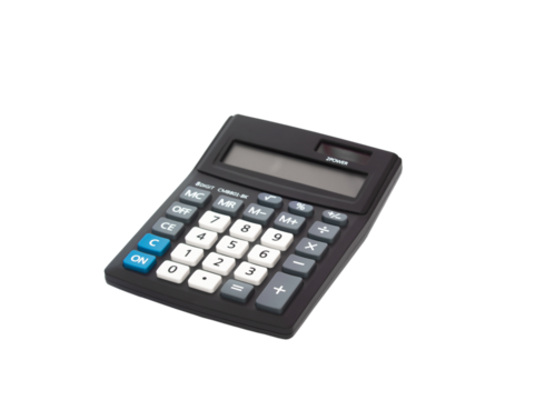 Black calculator isolated on white background with no display, copy space