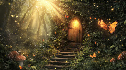 A fantasy scene set in an enchanted fairy tale forest, featuring a magical, secret wooden door slightly ajar, revealing a staircase that leads to a mystical, shining light beyond the gate. The woods
