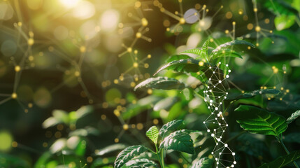 Fototapeta premium Green leafy plants with DNA helix and molecular structure overlays, emphasizing biochemistry research