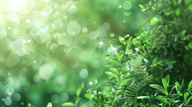 Green background with plants and DNA strands, showcasing the integration of biochemistry and natural biology - Powered by Adobe