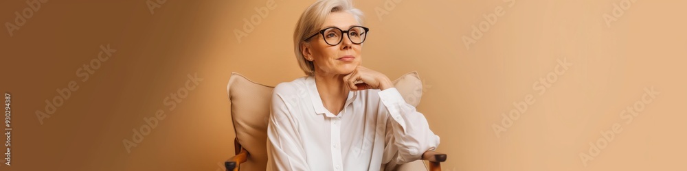 Wall mural A thoughtful and attractive elderly woman with gray hair and glasses, sitting indoors in a studio setting, wearing a suit.