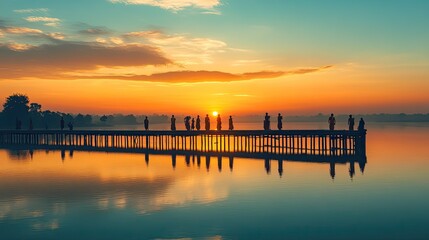 The peaceful U Bein Bridge in Myanmar, with locals and monks walking at sunset over the calm lake. Copy space available