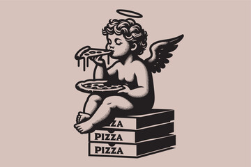 Cute little angel baby Cupid eats pizza. Vintage vector engraved pizzeria emblem,  print. black and white