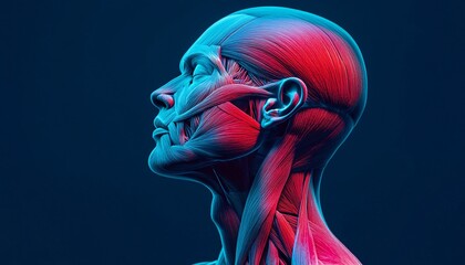 Muscle Fibers of Human Anatomy in Neck on Deep Blue Background Human Anatomy