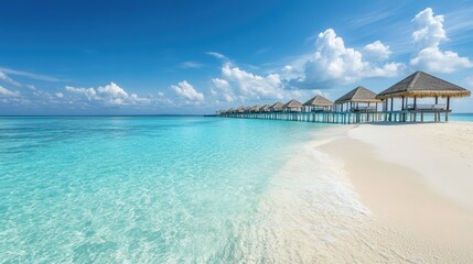 Fototapeta premium The pristine beaches of the Maldives, with crystal-clear waters and overwater bungalows. Copy space available