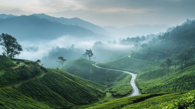 The picturesque tea plantations of Munnar, India, with misty hills and winding paths. Copy space available