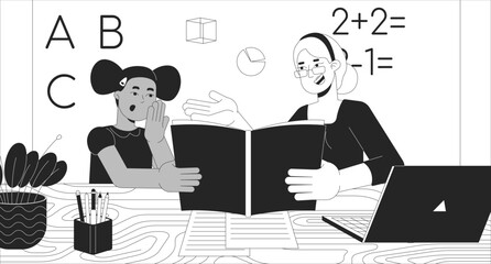 Happy teacher explaining lesson to little girl black and white line illustration. Tutor with student learning abc 2D characters monochrome background. Elementary school outline vector image